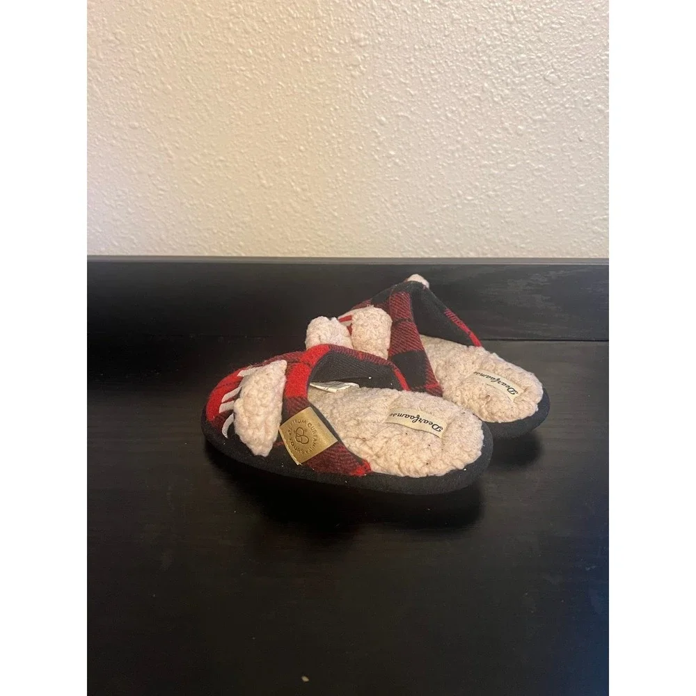 Lil Bear Checkered Plaid Red and Black Toddler Slippers Size 7-8